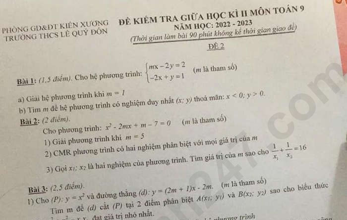 Đề thi giữa kì 2 lớp 9 môn Toán năm 2023 THCS Lê Quý Đôn