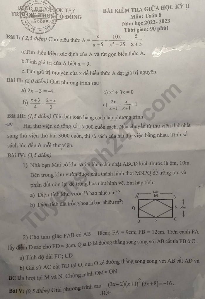 Đề giữa kì 2 lớp 8 môn Toán 2023 - THCS Cổ Đông