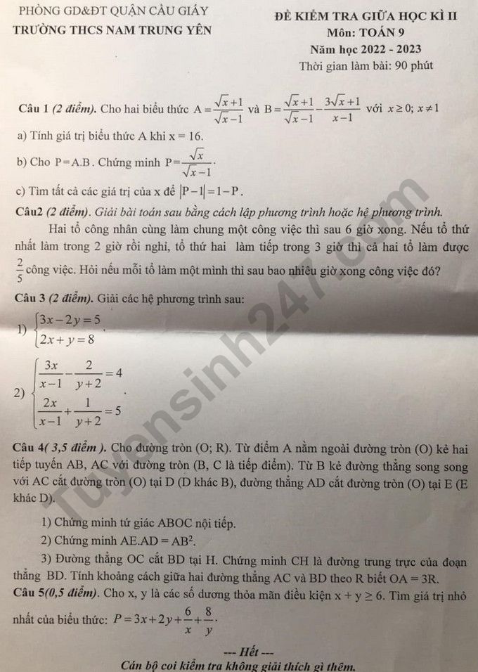 Đề giữa kì 2 lớp 9 môn Toán 2023 - THCS Nam Trung Yên