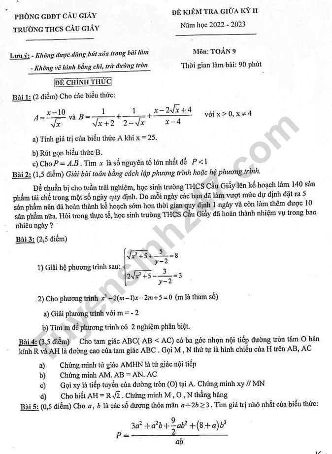 Đề thi giữa kì 2 môn Toán lớp 9 - THCS Cầu Giấy 2023