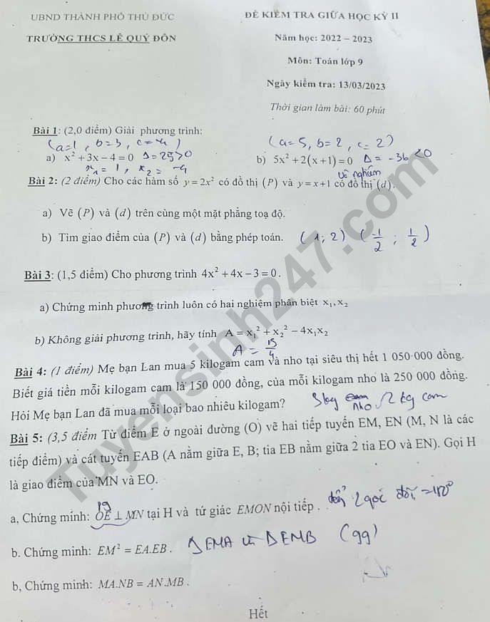 Đề giữa kì 2 môn Toán lớp 9 - THCS Lê Quý Đôn năm 2023