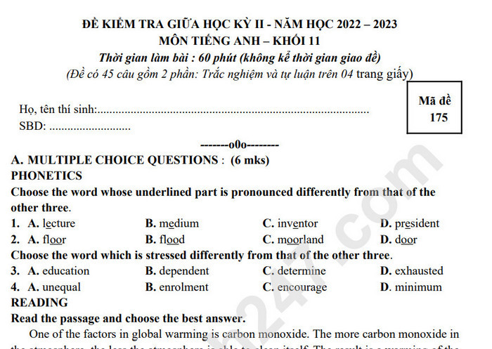 Đề kiểm tra giữa kì 2 môn Anh lớp 11 THPT Nguyễn Tất Thành 2023