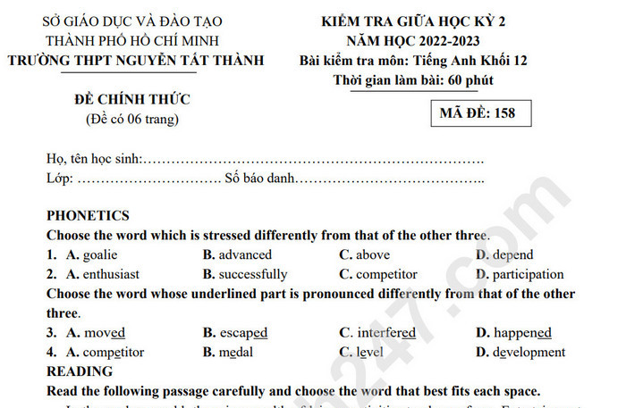 Đề thi giữa kì 2 môn Anh lớp 12 THPT Nguyễn Tất Thành 2023