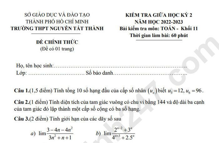 Đề đua GK 2 môn Toán lớp 11 năm 2023 trung học phổ thông Nguyễn Tất Thành