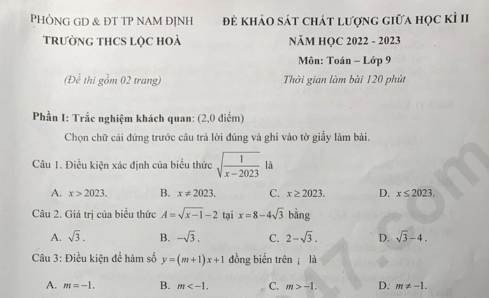 Đề giữa học kì 2 môn Toán lớp 9 THCS Lộc Hòa năm 2023