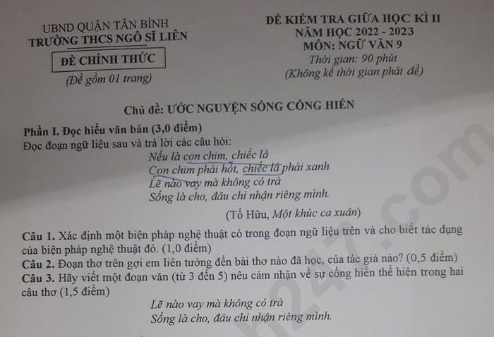 Đề giữa học kì 2 lớp 9 môn Văn THCS Ngô Sĩ Liên 2023