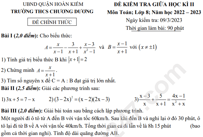 Đề giữa kì 2 lớp 8 môn Toán 2023 - THCS Chương Dương (Có đáp án)