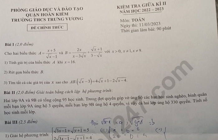 Đề giữa kì 2 lớp 9 môn Toán 2023 - THCS Trưng Vương