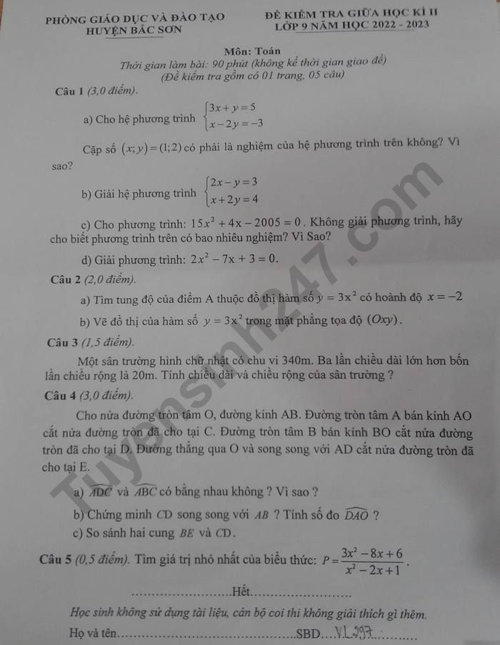 Đề thi giữa học kì 2 môn Toán lớp 9 - Phòng GD Huyện Bắc Sơn năm 2023