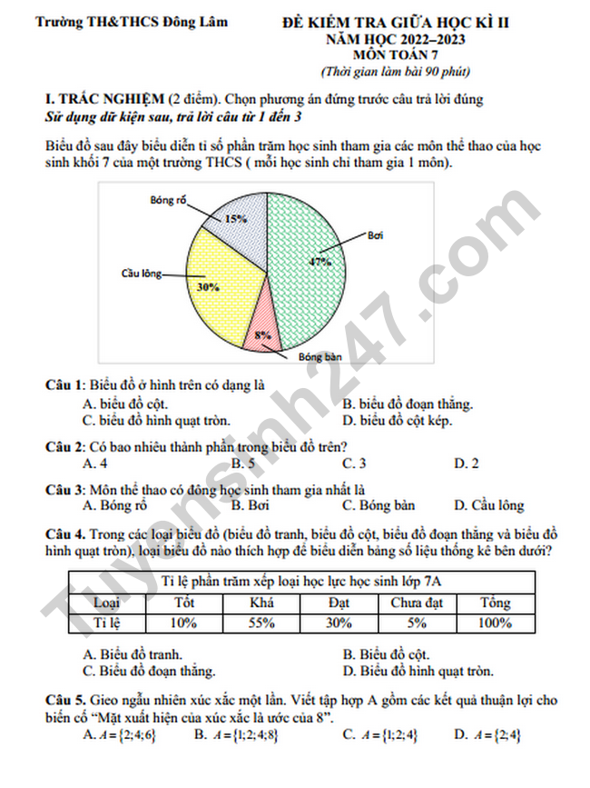 Đề kiểm tra giữa kì 2 lớp 7 môn Toán năm 2023 - TH & THCS Đông Lâm