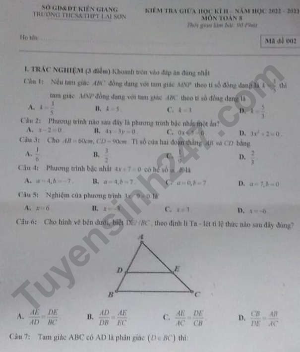 Đề giữa kì 2 lớp 8 môn Toán 2023 - THCS THPT Lại Sơn