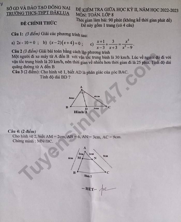 Đề giữa kì 2 lớp 8 năm 2023 môn Toán - THCS & THPT ĐăkLua