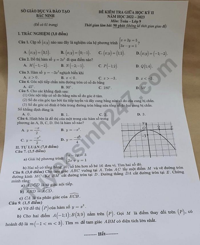 Đề thi giữa học kì 2 môn Toán lớp 9 - Sở GD Bắc Ninh năm 2023
