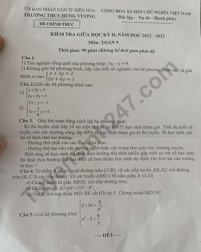 Đề thi giữa học kì 2 môn Toán lớp 9 - THCS Hùng Vương năm 2023