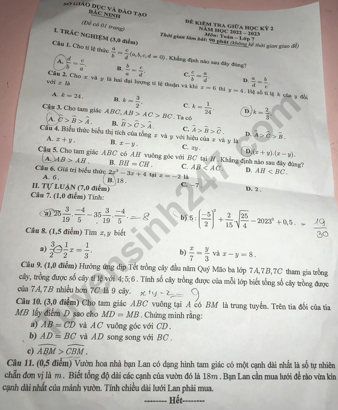 Đề thi giữa kì 2 môn Toán lớp 7 năm 2023 - Sở GD Bắc Ninh