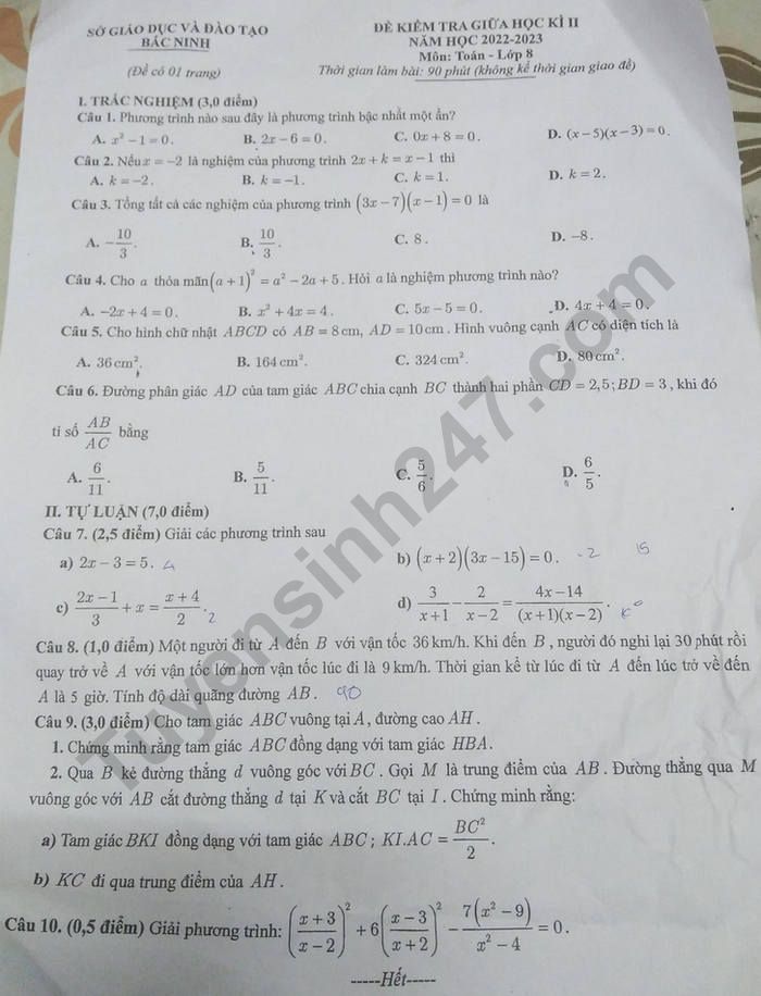 Đề giữa kì 2 lớp 8 môn Toán 2023 - Sở GD Bắc Ninh