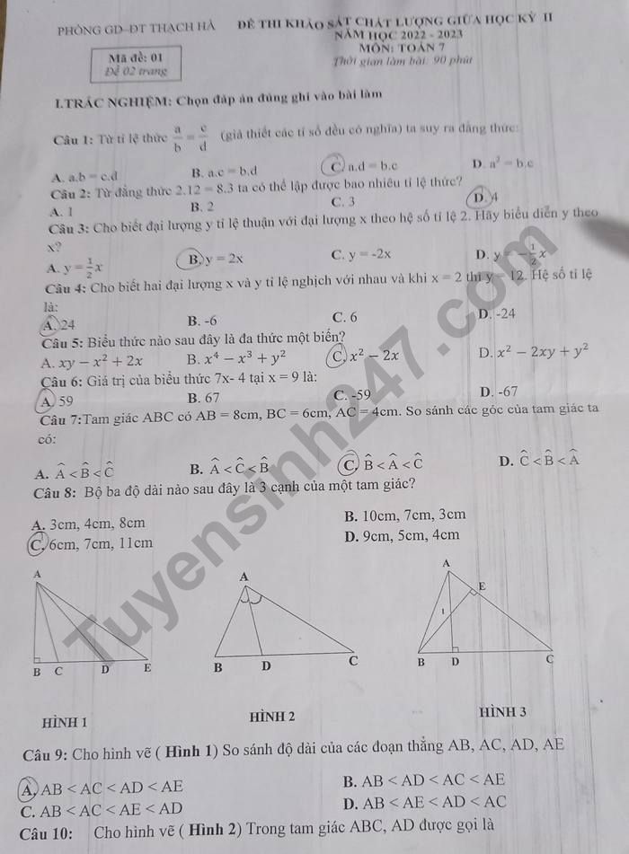 Đề thi giữa học kì 2 môn Toán lớp 7 - Phòng GD Thạch Hà năm 2023