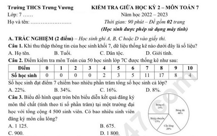 Đề thi giữa kì 2 môn Toán lớp 7 THCS Trưng Vương năm 2023