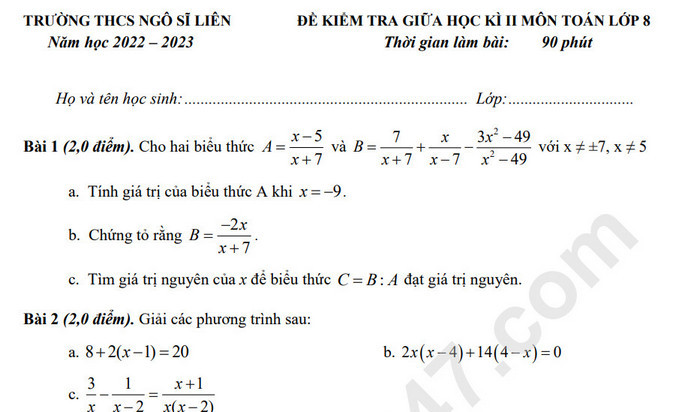 Đề giữa kì 2 lớp 8 môn Toán năm 2023 - THCS Ngô Sĩ Liên (Có đáp án)