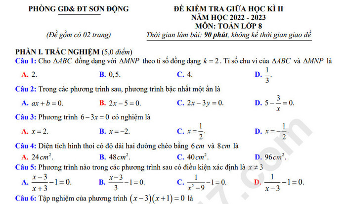 Đề kiểm tra giữa kì 2 môn Toán lớp 8 Huyện Sơn Động 2023