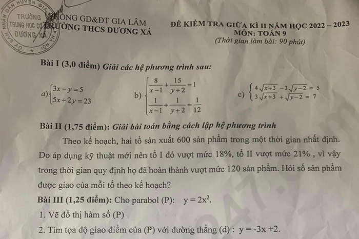 Đề kiểm tra giữa kì 2 môn Toán lớp 9 - THCS Dương Xá 2023