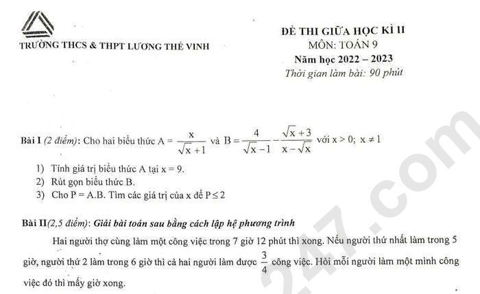 Đề thi giữa kì 2 lớp 9 môn Toán năm 2023 THCS & THPT Lương Thế Vinh