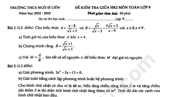 Đề thi giữa học kì 2 môn Toán lớp 9 năm 2023 THCS Ngô Sĩ Liên