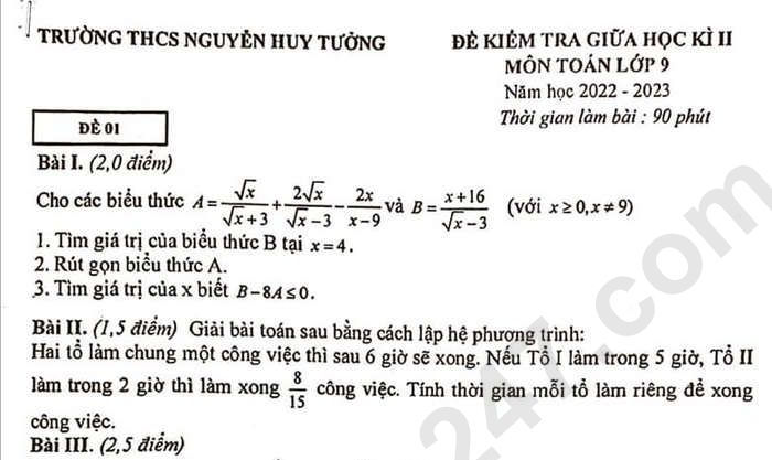 Đề thi giữa kì 2 môn Toán 2023 lớp 9 THCS Nguyễn Huy Tưởng