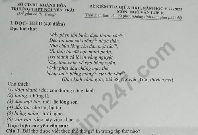 Đề thi giữa kì 2 lớp 10 môn Văn 2023 - THPT Nguyễn Trãi