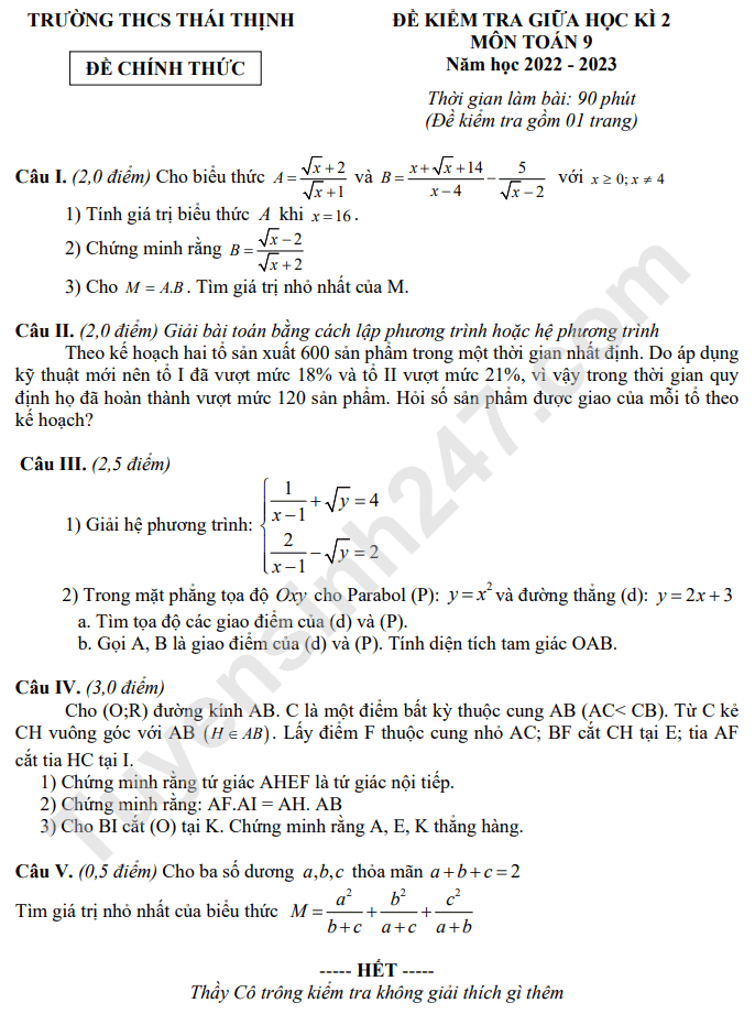 Đề giữa kì 2 lớp 9 môn Toán 2023 - THCS Thái Thịnh (Có đáp án)