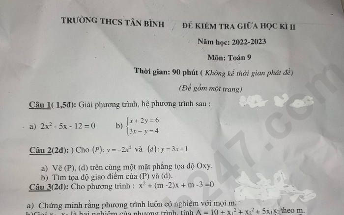 Đề thi GK 2 lớp 9 môn Toán năm 2023 - THCS Tân Bình