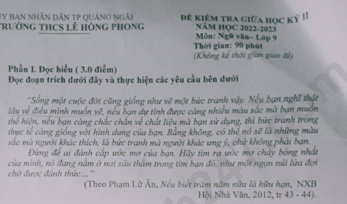 Đề thi giữa kì 2 lớp 9 môn Văn 2023 THCS Lê Hồng Phong