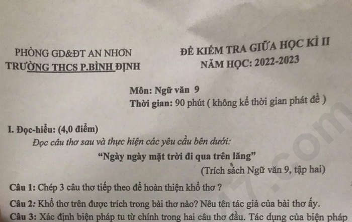 Đề thi giữa kì 2 môn Văn lớp 9 THCS P. Bình Định 2023