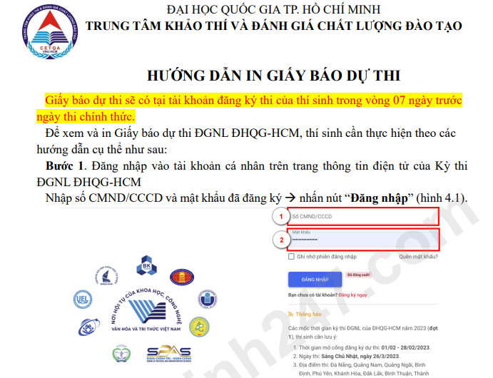 Hướng dẫn xem và in giấy báo dự thi ĐGNL ĐHQG-HCM 2023