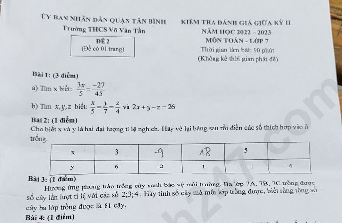 Đề kiểm tra giữa kì 2 môn Toán  lớp 7 năm 2023 THCS Võ Văn Tần