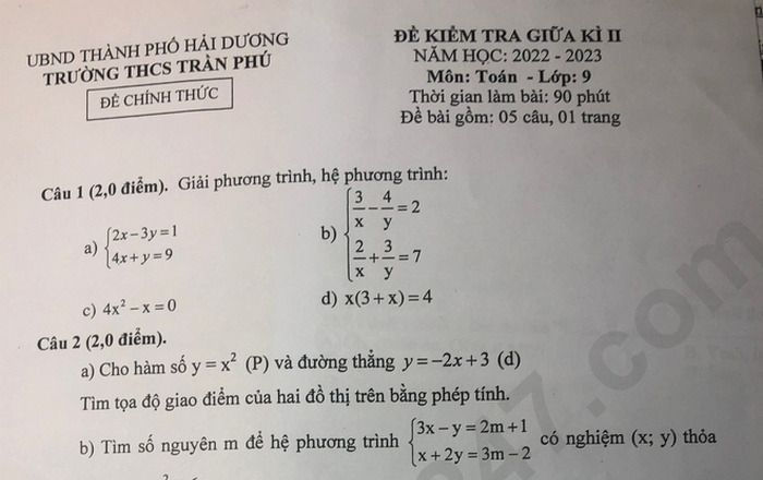 Đề thi giữa kì 2 lớp 9 môn Toán năm 2023 - THCS Trần Phú