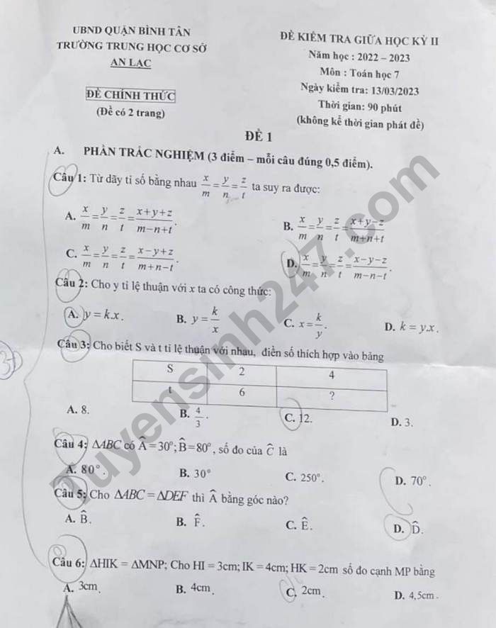 Đề thi giữa học kì 2 môn Toán lớp 7 - THCS An Lạc năm 2023