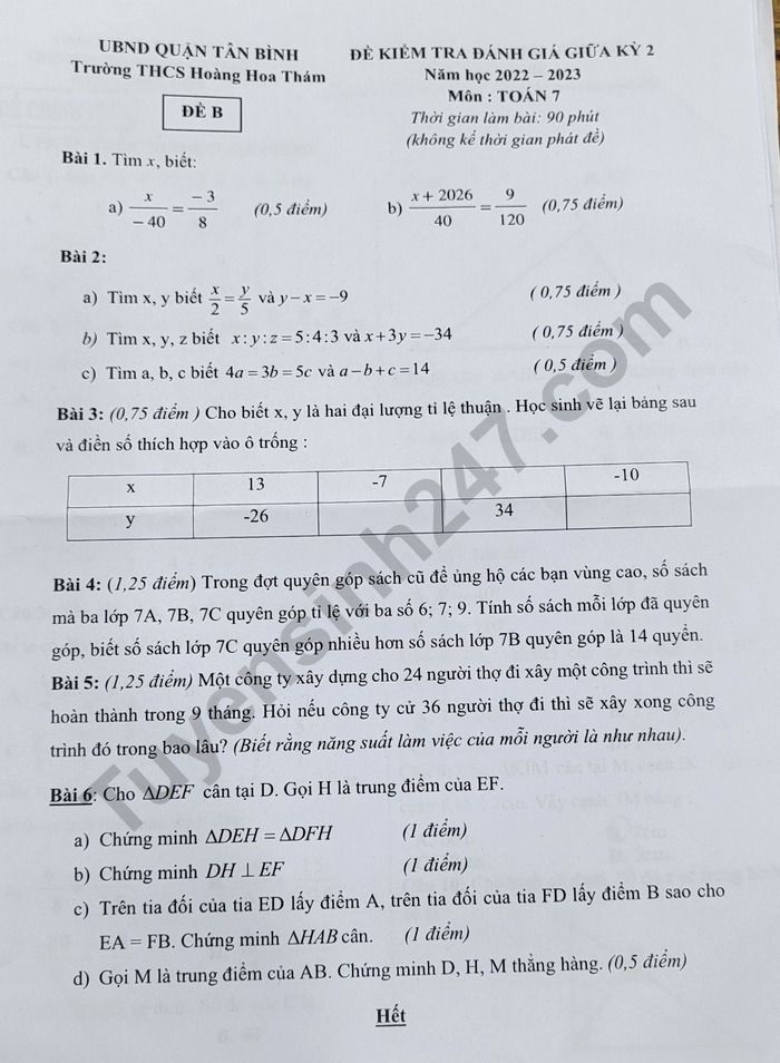 Đề kiểm tra giữa kì 2 lớp 7 môn Toán năm 2023 - THCS Hoàng Hoa Thám