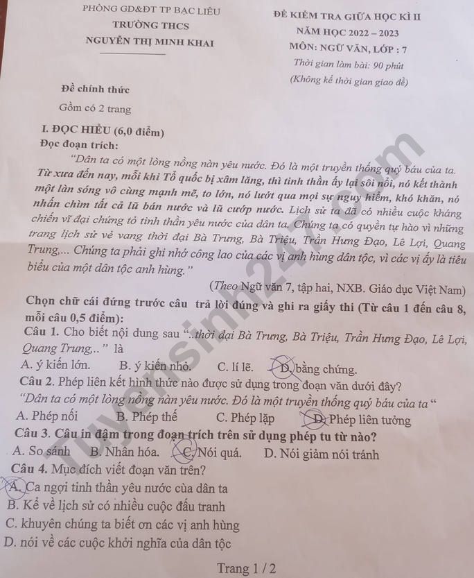 Đề giữa kì 2 lớp 7 môn Văn 2023 - THCS Nguyễn Thị Minh Khai