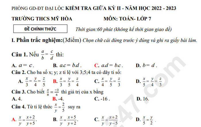 Đề thi giữa học kì 2 môn Toán lớp 7 THCS Mỹ Hòa 2023 (Có đáp án)