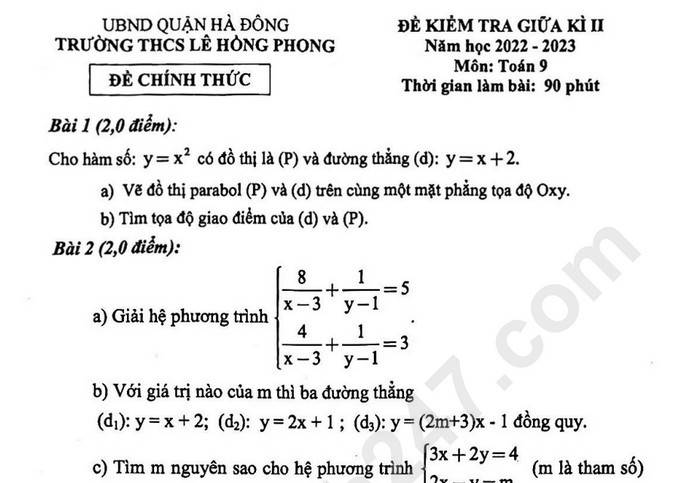 Đề thi giữa kì 2 môn Toán 2023 lớp 9 THCS Lê Hồng Phong 