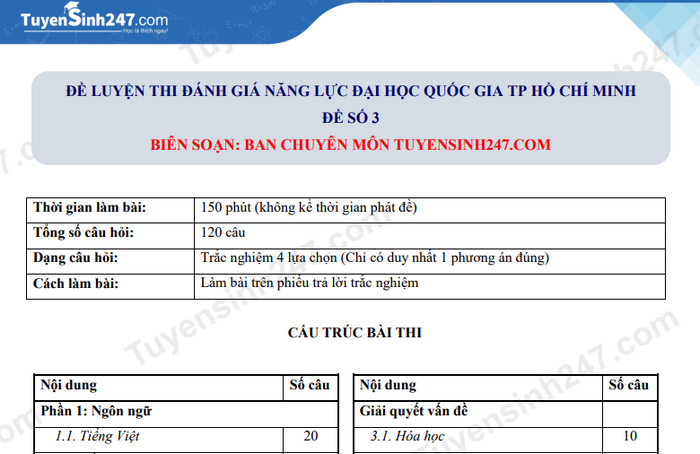 Đề ôn thi đánh giá năng lực Hồ Chí Minh có đáp án (đề số 3)