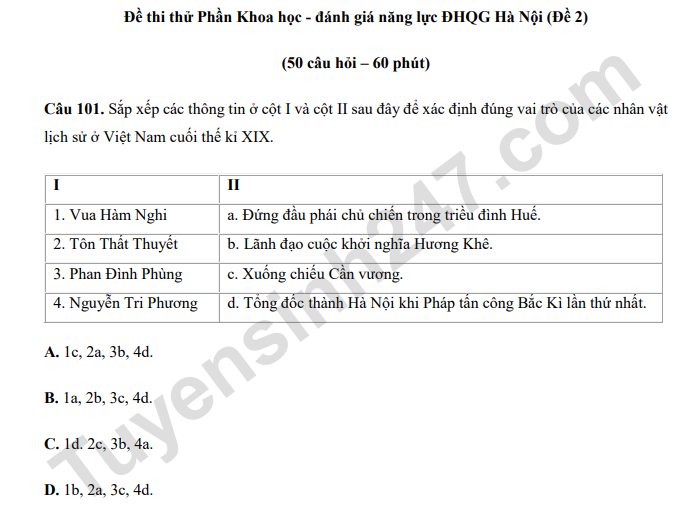 Đề thi thử đánh giá năng lực ĐHQGHN - Phần Khoa học (Đề số 2)