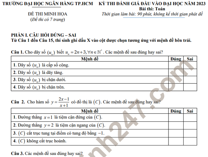 Đề minh họa môn Toán - thi đánh giá năng lực ĐH Ngân hàng TPHCM 2023