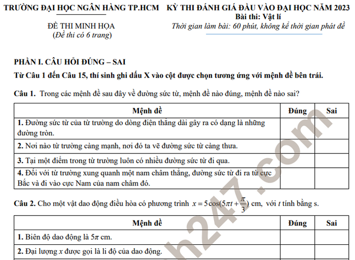 Đề minh họa thi đánh giá đầu vào ĐH Ngân hàng TPHCM 2023 - Môn Lý