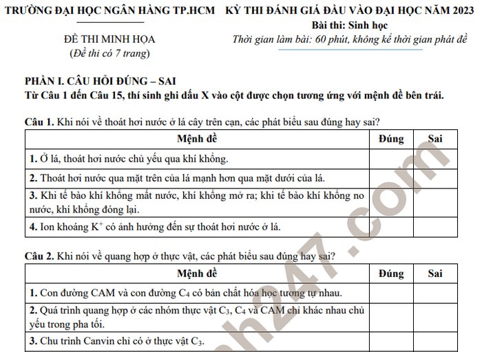 Đề thi minh họa đánh giá đầu vào 2023 môn Sinh - ĐH Ngân hàng TPHCM