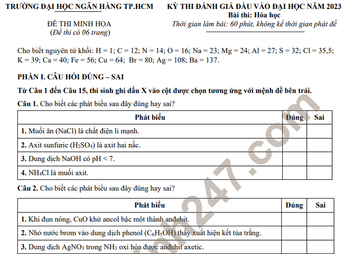 Đề minh họa môn Hóa thi đánh giá đầu vào ĐH Ngân hàng TPHCM 2023