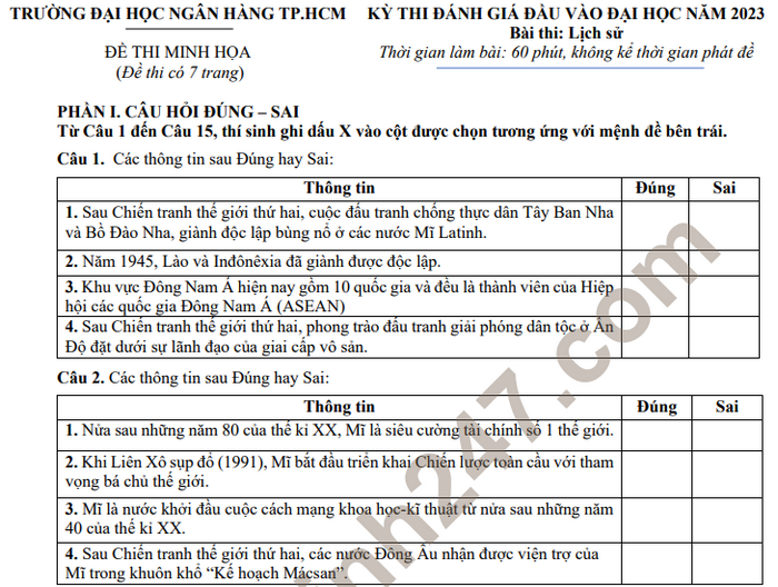 Đề minh họa thi đánh giá đầu vào 2023 ĐH Ngân hàng TPHCM - môn Sử
