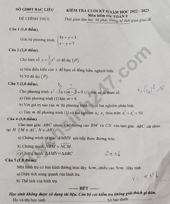 Đề thi kì 2 lớp 9 Sở GD Bạc Liêu năm 2023 môn Toán