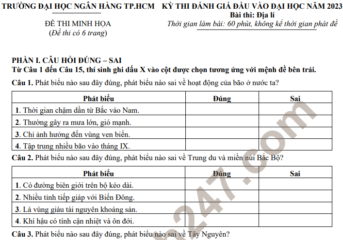 Đề thi minh họa đánh giá đầu vào 2023 môn Địa - ĐH Ngân hàng TPHCM